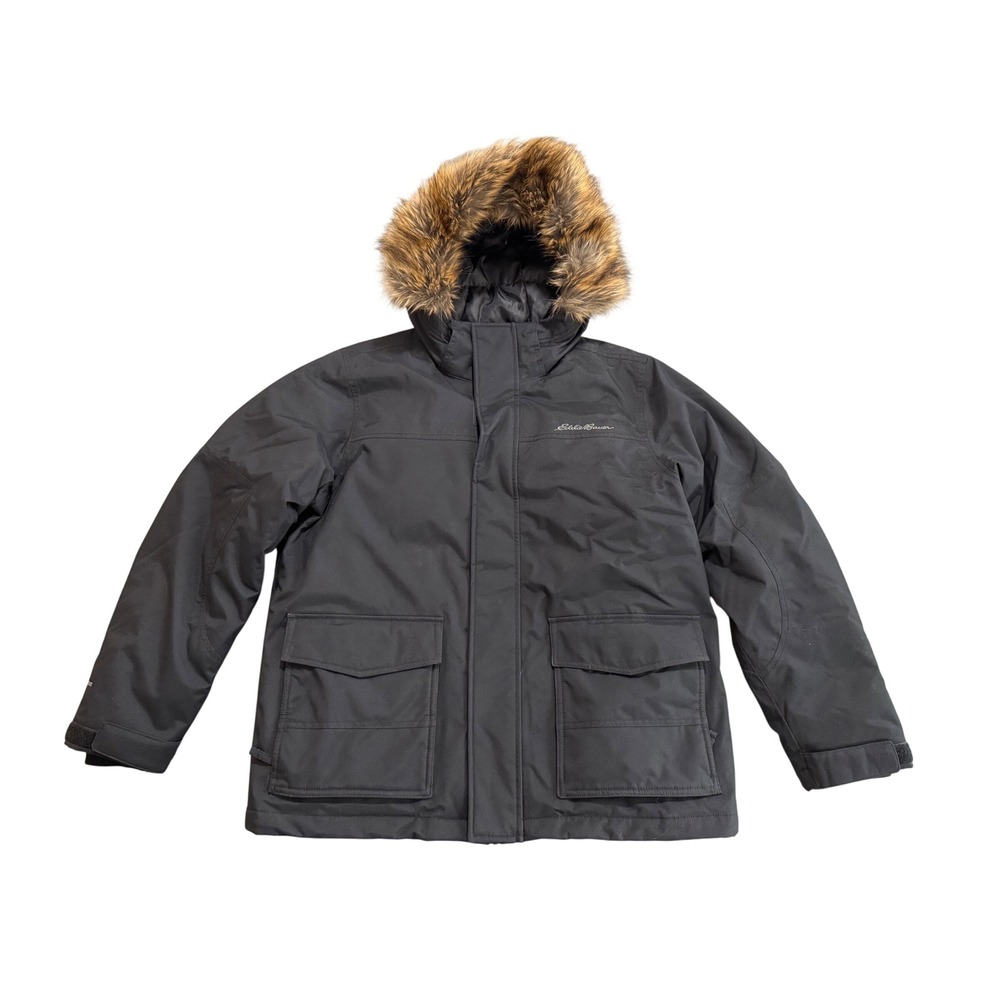 Eddie Bauer Parka Men L Black Faux Fur Quilted Winter Jacket Eb500 Weather Edge